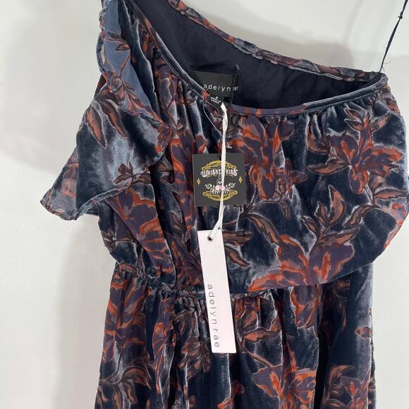 Adelyn Rae Angie Dress One Shoulder Velvet Floral Ruffle Small New With Tags - Picture 8 of 13